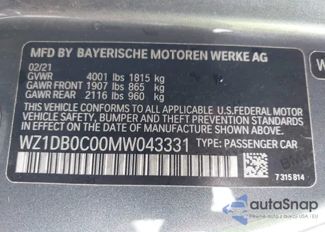 2021 Toyota Gr Supra 3.0 z USA, uszkodzony, nr VIN WZ1DB0C00MW043331